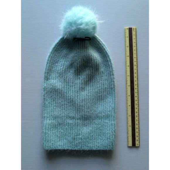 Mint Green Ribbed Knit Pom Beanie Hat Soft Slouchy Winter Women's - Picture 4 of 4